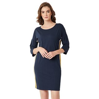                       Miss Chase Women's Navy Blue Round Neck Full Sleeve Cotton Solid Twill Tape Detailing Mini Shift Dress                                              