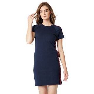                       Miss Chase Women's Navy Blue Round Neck Continuous Sleeve Cotton Solid Twill Tape Detailing A-Line Mini Dress                                              