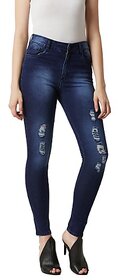 Miss Chase Women's Blue Skinny Fit Mid Rise Mildly Distressed Regular Length Ripped Denim Jeans