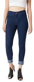 Miss Chase Women's Navy Blue Skinny Fit High Rise Regular Length Pearl Embellished On The Hem Denim Stretchable Jeans