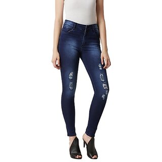                       Miss Chase Women's Blue Skinny Fit Mid Rise Mildly Distressed Regular Length Ripped Denim Jeans                                              