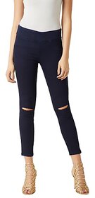 Miss Chase Women's Navy Blue Super Skinny Fit High Rise Clean Look Knee Slit Regular Length Stretchable Denim Jeggings