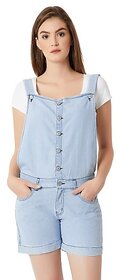 Miss Chase Women's Light Blue Regular Fit Mid Rise Mini Solid Denim Dungaree