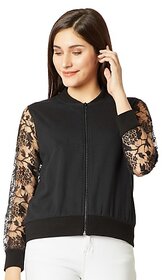 Miss Chase Women's Black Round Neck Full Sleeve Cotton Solid Lace Detailing Embroidered Bomber Jacket