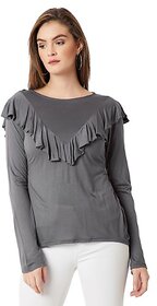 Miss Chase Women's Grey Round Neck Full Sleeves Solid Ruffled Top