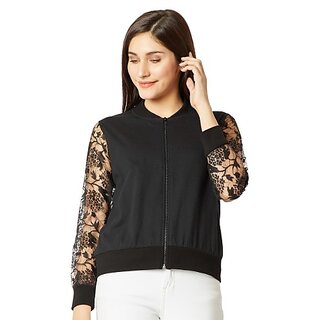 Miss Chase Women's Black Round Neck Full Sleeve Cotton Solid Lace Detailing Embroidered Bomber Jacket
