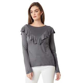                       Miss Chase Women's Grey Round Neck Full Sleeves Solid Ruffled Top                                              