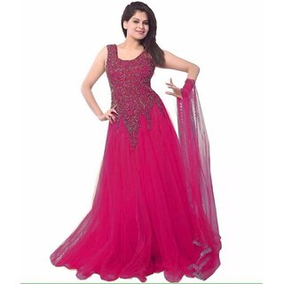 pink net based embroidered gown