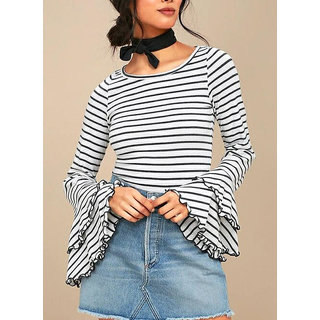 Code Yellow Women's Black White Stripes Bell Sleeves Top