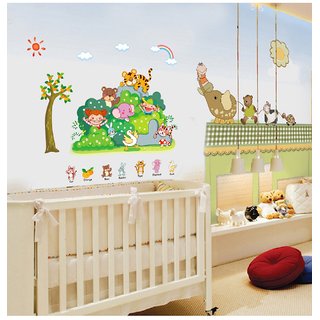 JAAMSO ROYALS Beautiful Green Tree Tiger Boy Girl Flower Zoo Wall Sticker for Home Dcor
