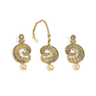                       Fancy  Drop Golden Stone Earring With Maang Tikka                                              
