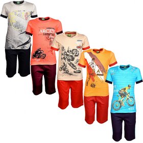 Kavin's Cotton Three-Fourth Pant with matching Tees for boys, Pack of 5, Multicolored