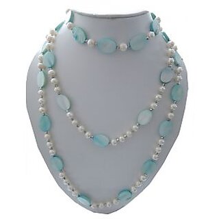                       TWINS ENDLESS  FRESH WATER PEARL NECKLACE  ADORN WITH FLAT OVAL AQUA BLUE SHELL PEARL                                              