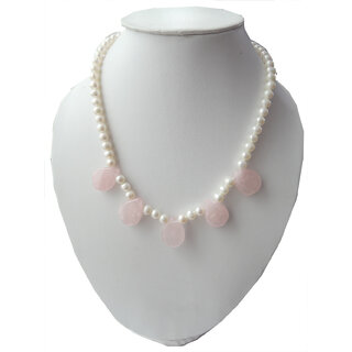                       Rose Quartz Pear shaped Nuggets along with Fresh water pearl Beads in 18 inches Necklace                                              