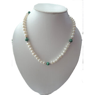                       Malachite Round 8mm beads with freshwater pearl 18 inches necklace                                              