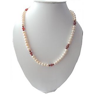 Fresh water Pearl Necklace adorn with Carnelian Gem stone beads in 18 inches