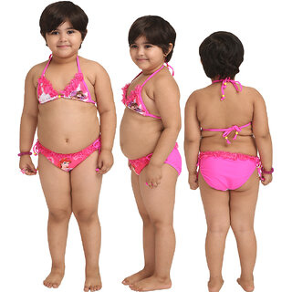                       The Little Princess-Girls Pleasant Multi Red Cartoon Print Ruffled Halter Bikini Set                                              