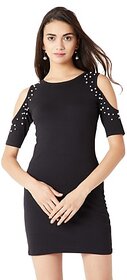 Miss Chase Women's Black Round Neck Pearl Half Sleeves Mini Bodycon Cold Shoulder Dress