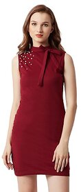 Miss Chase Women's Maroon Round Neck Sleeveless Cotton Solid Pearl Detailing Neck Tie-Up Mini Bodycon Dress