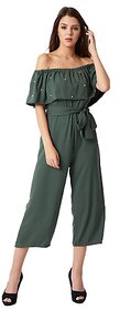 Miss Chase Women's Green Off-Shoulder Sleeveless Solid Pearl Detailing Belted Midi Bardot Style Jumpsuit