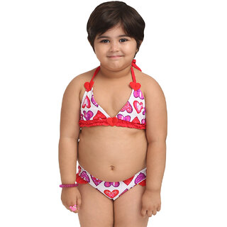                       The Little Cuties-Girls Charming Multi Heart Print Halter Bikini Set                                              