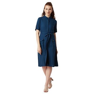                       Miss Chase Women's Navy Blue Collared Round Neck Rolled Up Half Sleeve Solid Buttoned Paneled Midi Shirt Dress                                              