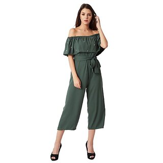                       Miss Chase Women's Green Off-Shoulder Sleeveless Solid Pearl Detailing Belted Midi Bardot Style Jumpsuit.                                              