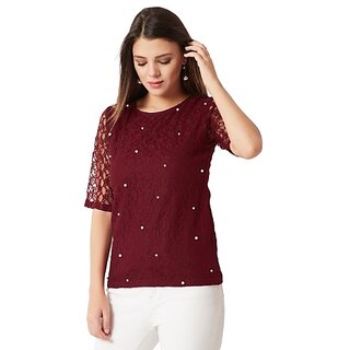                       Miss Chase Women's Maroon Round Neck Half Sleeves Cotton Solid Lace And Pearl Detailing Top                                              