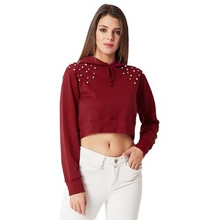 Miss Chase Women's Maroon Round Neck Full Sleeves Cotton Solid Pearl Detailing Hooded Boxy Crop Sweatshirt
