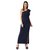 Miss Chase Women's Navy Blue One-Shoulder Sleeveless Cotton Solid Ruffled Pearl And Slit Detailing Maxi Bodycon Dress