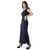 Miss Chase Women's Navy Blue One-Shoulder Sleeveless Cotton Solid Ruffled Pearl And Slit Detailing Maxi Bodycon Dress