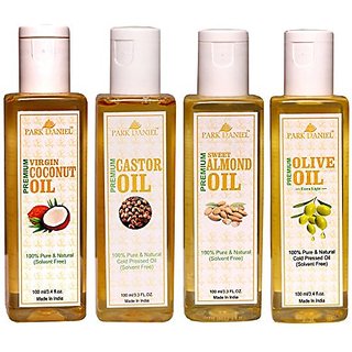 Park Daniel Premium Virgin Coconut oil Olive Oil and Castor oil and Sweet Almond oil Combo of 4 bottles of 100 ml(400ml)