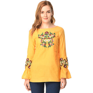                       Mustard Embroidered Cotton Top                                              