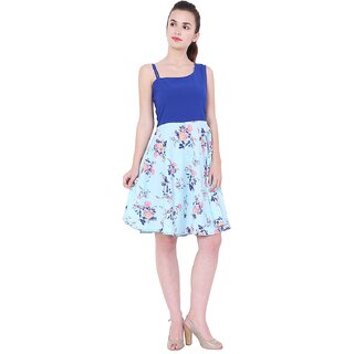 Blue Floral Polycrepe Midi Dress
