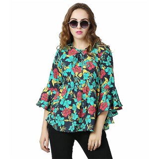                       Blue Floral Polycrepe Bell Sleeve Top                                              