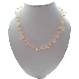 White Crystal chip and Orange fresh water Pearl necklace in 18 inches with Metal clasp