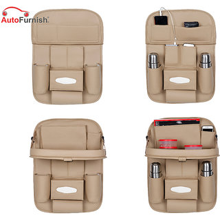 Autofurnish 3D Car Auto Seat Back Multi Pocket Storage Bag Organizer with Car Meal Tray (Beige)
