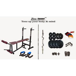                       Protoner Weight Lifting Package 100 Kgs + 5' Straight+ 3' Curl Rod + 6 In 1 Weight Bench + P.Bar                                              