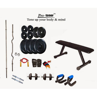                       Protoner Weight Lifting Package 34 Kgs + 5' Straight+ 3' Curl Rod + Flat Bench + P.Bar                                              