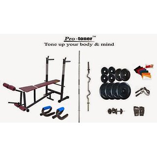 Protoner Weight Lifting Package 62 Kgs + 5' Straight+ 3' Curl Rod + 6 In 1 Weight Bench + P.Bar Protoner Weight Lifting Package 62 Kgs + 5' Straight+ 3' Curl Rod + 6 In 1 Weight Bench + P.Bar