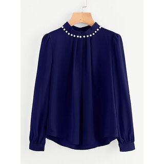 Code Yellow Women's Navy Blue Casual Full Sleeves Pearl Top