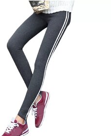 Women's White Double Narrow Side Stripe Stretchable Dark Grey Leggings Yoga Gym Wear /Sport's Wear