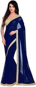 Women's  Navy Blue Pearl Work Georgette Sari With Blouse