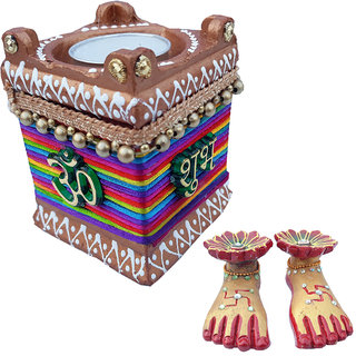 LOF Lakshmi Charan Paduka With Handmade Tealight Candle/ Tulsi Diya For Prosperity and Wealth