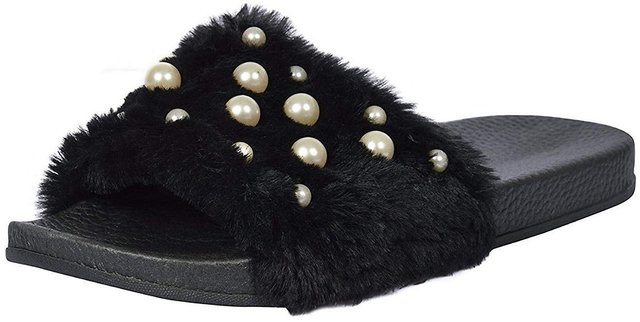 Shearling Fur Slide with rhinestones - Black Flat Women's Sandals