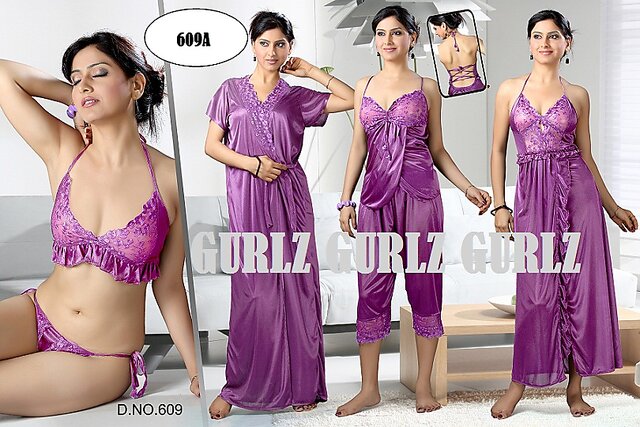 Womens Sleep Wear 6pc Bra Panty Top Capri Nighty & Over Coat Hot