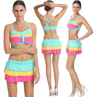                       Pretty Multi Colored Salient Haltered Neck Skirted Bikini Set                                              