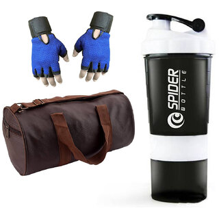 Snipper Combo Of Leatherite Brown Gym Bag , Blue Gloves and White Spider Shaker Gym  Fitness Kit