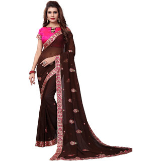                       Hirvanti Fashion Designer Brown Georgette Embroidery Saree with Blouse Piece                                              