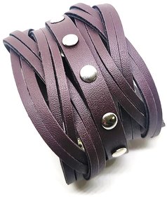 Leatherite Brown Wide Metal And Leather Looking Solid Gym Style Bracelet Wrist Band Cuff For Men/Buys